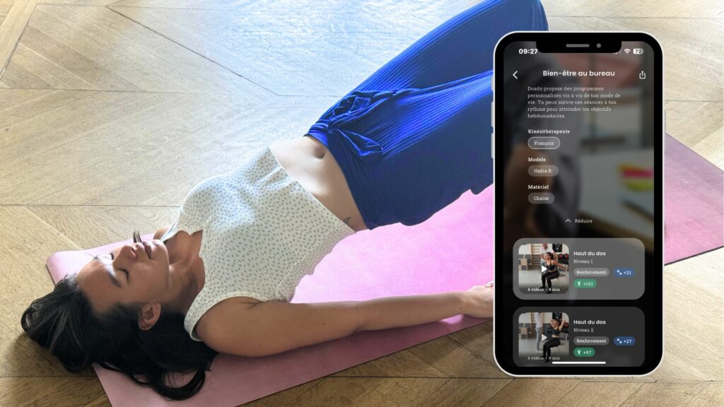Une femme qui fait un exercice Doado avec un téléphone montrant les exercices