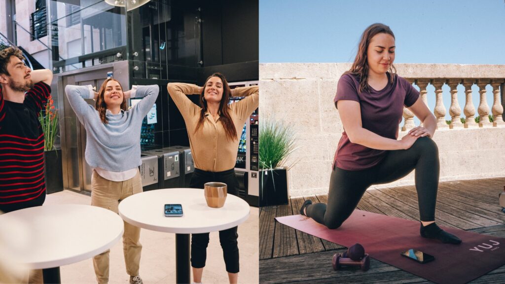 Des personnes faisant des exercices Doado en groupe et une femme seule faisant un exercice.