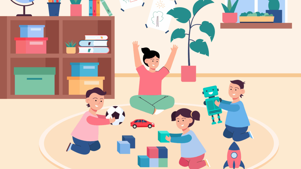 Dessin professionnelle de crèche surveille des enfants qui jouent