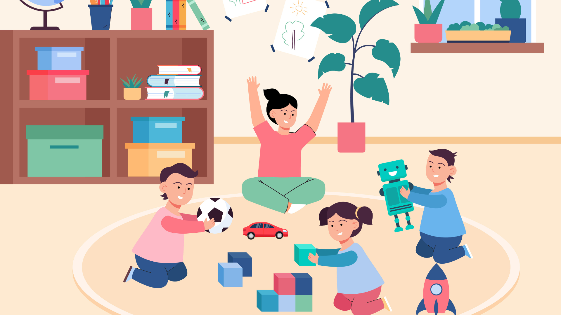 Dessin professionnelle de crèche surveille des enfants qui jouent