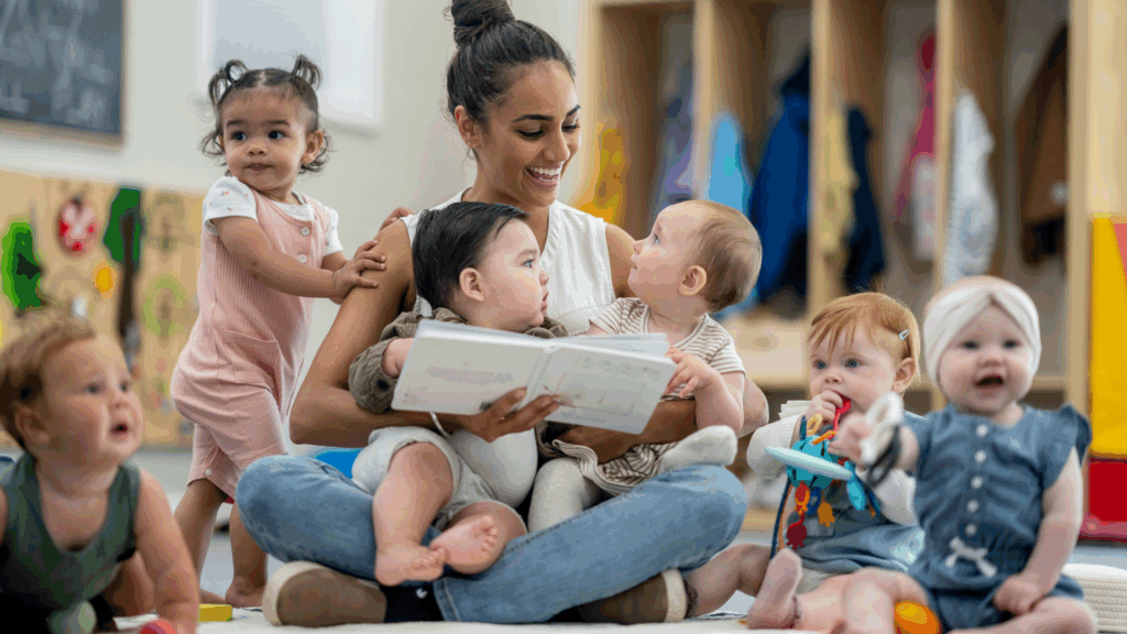 Photo d'une professionnelle de petite enfance qui lit une histoire à des bébés.